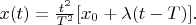 $x(t)=\frac{{t}^{2}}{{T}^{2}}[{x}_{0}+\lambda (t-T)].$