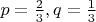 $p=\frac{2}{3}, q=\frac{1}{3}$