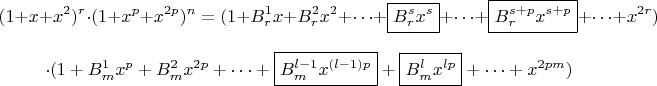 $$(1+x+x^2)^r\cdot (1+x^p+x^{2p})^n=(1+B_r^1 x+B_r^2 x^2+\cdots+\boxed{B_r^sx^s}+\cdots+\boxed{B_r^{s+p} x^{s+p}}+
\cdots+x^{2r})$$
$$\cdot(1+B_m^1 x^p+B_m^2 x^{2p}+\cdots+\boxed{B_m^{l-1}x^{(l-1)p}}+\boxed{B_m^lx^{lp}}+\cdots+x^{2pm})$$