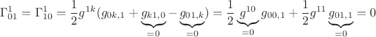 $$ \Gamma^1_{01}=\Gamma^1_{10}= \frac12 g^{1k}( g_{0k,1} + \underbrace{g_{k1,0}}_{=0} - \underbrace{g_{01,k}}_{=0} )= \frac12 \underbrace{g^{10}}_{=0} g_{00,1}} + \frac12 g^{11} \underbrace{g_{01,1}}_{=0}=0 $$