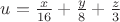 $u={x\over16}+{y\over8}+{z\over3}$