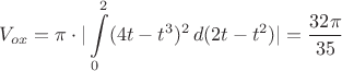 $$V_{ox} = \pi \cdot |\int\limits_{0}^2 (4t-t^3)^2 \,d(2t-t^2)|=\dfrac{32\pi}{35}$$