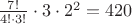$\frac{7!}{4!\cdot3!} \cdot 3 \cdot 2^{2} = 420$