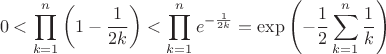 $$0<\prod\limits_{k=1}^{n}\left(1-{1\over 2k}\right)<\prod\limits_{k=1}^{n}e^{-{1\over 2k}}=\exp\left({-{1\over 2}\sum_{k=1}^{n}{1\over k}}\right)$$