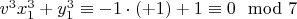 $v^3x_1^3+y_1^3 \equiv -1\cdot(+1) +1 \equiv 0 \mod 7$