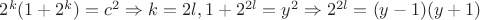 $2^k(1+2^k)=c^2 \Rightarrow k=2l, 1+2^{2l}=y^2\Rightarrow 2^{2l}=(y-1)(y+1)$