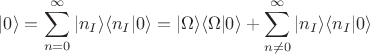 $\displaystyle |0\rangle = \sum_{n=0}^{\infty} |n_I\rangle \langle n_I|0\rangle = |\Omega\rangle \langle \Omega|0\rangle + \sum_{n \neq 0}^{\infty} |n_I\rangle \langle n_I|0\rangle$