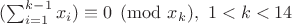 $(\sum_{i=1}^{k-1}x_i )\equiv0\pmod{x_k},\ 1<k<14$