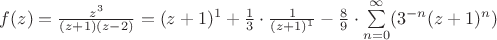 $f(z)=\frac{z^3}{(z+1)(z-2)}=(z+1)^1+\frac 1 3 \cdot \frac{1}{(z+1)^1}-\frac 8 9\cdot\sum\limits_{n=0}^\infty (3^{-n}(z+1)^n)$
