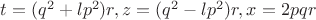 $t=(q^2+lp^2)r, z=(q^2-lp^2)r, x=2pqr$ $t=(q^2+lp^2)r, z=(q^2-lp^2)r, x=2pqr$