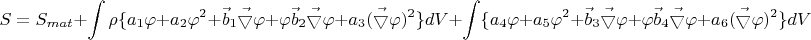 $$ S=S_{mat}+\int \rho \{a_1 \varphi+a_2 \varphi^2+\vec{b}_1 \vec{\bigtriangledown} \varphi+\varphi \vec{b}_2 \vec{\bigtriangledown} \varphi + a_3 (\vec{\bigtriangledown} \varphi)^2 \} dV + \int \{ a_4 \varphi+a_5 \varphi^2+\vec{b}_3 \vec{\bigtriangledown} \varphi+\varphi \vec{b}_4 \vec{\bigtriangledown} \varphi + a_6 (\vec{\bigtriangledown} \varphi)^2 \} dV $$
