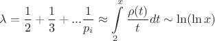 $$\lambda=\frac{1}{2}+\frac{1}{3}+...\frac{1}{p_i}\approx\int\limits_{2}^{x}\frac{\rho(t)}{t}dt\sim \ln (\ln x) $$