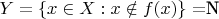 $Y = \{x \in X: x \notin f(x) \} = ${\mathbb N}$