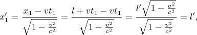 $$x'_1=\frac{x_1-vt_1}{\sqrt{1-\frac{v^2}{c^2}}}=\frac{l+vt_1-vt_1}{\sqrt{1-\frac{v^2}{c^2}}}=\frac{l'\sqrt{1-\frac{v^2}{c^2}}}{\sqrt{1-\frac{v^2}{c^2}}}=l',$$