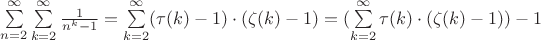 $\sum\limits_{n=2}^{\infty}\sum\limits_{k=2}^{\infty}\frac{1}{n^k-1}=\sum\limits_{k=2}^{\infty}(\tau(k)-1)\cdot(\zeta(k)-1)=(\sum\limits_{k=2}^{\infty}\tau(k)\cdot(\zeta(k)-1))-1$