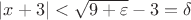 $|x + 3| < \sqrt{9 + \varepsilon} - 3 = \delta$