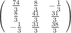 $\left(
\begin{array}{ccc}
 \frac{74}{3} & \frac{8}{3} & -\frac{1}{3} \\
 \frac{8}{3} & \frac{41}{3} & \frac{31}{3} \\
 -\frac{1}{3} & \frac{31}{3} & \frac{38}{3} \\
\end{array}
\right)$