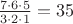 $\frac{7\cdot6\cdot5}{3\cdot2\cdot1} = 35$