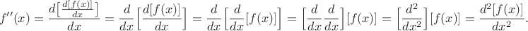 $$f''(x)=\dfrac{d\bigl[\tfrac{d[f(x)]}{dx}\bigr]}{dx}=\dfrac{d}{dx}\Bigl[\dfrac{d[f(x)]}{dx}\Bigr]=\dfrac{d}{dx}\Bigl[\dfrac{d}{dx}[f(x)]\Bigr]=\Bigl[\dfrac{d}{dx}\dfrac{d}{dx}\Bigr][f(x)]=\Bigl[\dfrac{d^2}{dx^2}\Bigr][f(x)]=\dfrac{d^2[f(x)]}{dx^2}.$$
