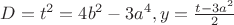 $D=t^2=4b^2-3a^4, y=\frac{t-3a^2}{2}$ $D=t^2=4b^2-3a^4, y=\frac{t-3a^2}{2}$