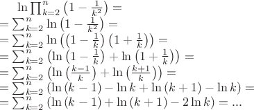 \ln\prod_{k=2}^n\left(1-\frac{1}{k^2}\right)=\\
=\sum_{k=2}^n\ln\left(1-\frac{1}{k^2}\right)=\\
=\sum_{k=2}^n\ln\left(\left(1-\frac{1}k\right)\left(1+\frac{1}k\right)\right)=\\
=\sum_{k=2}^n\left(\ln\left(1-\frac{1}k\right)+\ln\left(1+\frac{1}k\right)\right)=\\
=\sum_{k=2}^n\left(\ln\left(\frac{k-1}k\right)+\ln\left(\frac{k+1}k\right)\right)=\\
=\sum_{k=2}^n\left(\ln\left(k-1\right)-\ln{k}+\ln\left(k+1\right)-\ln{k}\right)=\\
=\sum_{k=2}^n\left(\ln\left(k-1\right)+\ln\left(k+1\right)-2\ln{k}\right)=...\\$