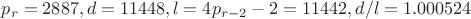 $p_r=2887, d=11448, l=4p_{r-2}-2=11442, d/l=1.000524$