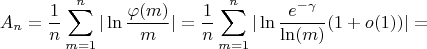 $$A_n=\frac {1} {n} \sum_{m=1}^n {|\ln \frac {\varphi(m)} {m}|}=\frac {1} {n} \sum_{m=1}^n {|\ln \frac {e^{-\gamma}}{\ln(m)}(1+o(1))|}=$$