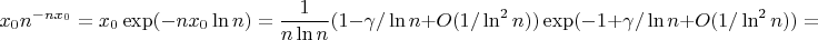 $$x_0n^{-nx_0}=x_0\exp(-nx_0\ln n)=\frac1{n\ln n}(1-\gamma/\ln n+O(1/\ln^2n))\exp(-1+\gamma/\ln n+O(1/\ln^2 n))=$$