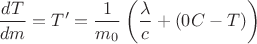 $$\dfrac{dT}{dm}=T'=\dfrac{1}{m_0}\left(\dfrac{\lambda}{c}+(0°C-T)\right)$$ $$\dfrac{dT}{dm}=T'=\dfrac{1}{m_0}\left(\dfrac{\lambda}{c}+(0°C-T)\right)$$