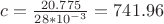 $c=\frac{20.775}{28*10^{-3}}=741.96$