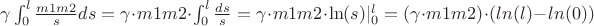 $\gamma \int_{0}^{l}\frac{m1m2}{s}ds = \gamma \cdot m1m2 \cdot \int_{0}^{l} \frac{ds}{s} = \gamma \cdot m1m2 \cdot \ln(s) \vert _{0}^{l} = (\gamma\cdot m1m2)\cdot (ln(l) - ln(0))$