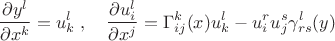 $$
\frac{\partial y^l}{\partial x^k}=u^l_k\; , \quad \frac{\partial u^l_i}{\partial x^j}=\Gamma^k_{ij}(x) u^l_k-u^r_iu^s_j\gamma^l_{rs}(y)
$$