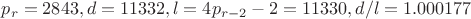 $p_r=2843, d=11332, l=4p_{r-2}-2=11330, d/l=1.000177$