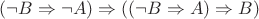 $(\neg B\Rightarrow \neg A)\Rightarrow((\neg B\Rightarrow A)\Rightarrow B)$