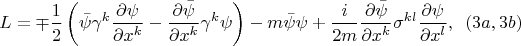 $$ L=\mp \frac 1 2 \left( \bar{\psi}\gamma^k \frac {\partial \psi} {\partial x^k} - \frac {\partial \bar{\psi}}{\partial x^k} \gamma^k \psi \right) - m\bar{\psi} \psi + \frac i {2m} \frac {\partial \bar{\psi}}{\partial x^k} \sigma^{kl} \frac {\partial \psi}{\partial x^l},\,\,\, (3a, 3b)$$