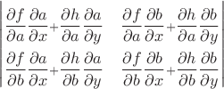 $\begin{vmatrix}
  _\dfrac{\partial f}{\partial a}\dfrac{\partial a}{\partial x}+\dfrac{\partial h}{\partial a}\dfrac{\partial a}{\partial y} & 
  _\dfrac{\partial f}{\partial a}\dfrac{\partial b}{\partial x}+\dfrac{\partial h}{\partial a}\dfrac{\partial b}{\partial y} \\
  _\dfrac{\partial f}{\partial b}\dfrac{\partial a}{\partial x}+\dfrac{\partial h}{\partial b}\dfrac{\partial a}{\partial y} & 
  _\dfrac{\partial f}{\partial b}\dfrac{\partial b}{\partial x}+\dfrac{\partial h}{\partial b}\dfrac{\partial b}{\partial y}
  \end{vmatrix}$