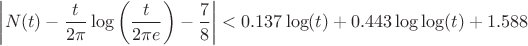 $
\left| N(t) - \dfrac{t}{2\pi} \log\left(\dfrac{t}{2\pi e}\right) - \dfrac{7}{8} \right| < 0.137 \log(t) + 0.443 \log\log(t) + 1.588$