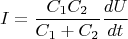 $$I=\frac{C_1C_2}{C_1+C_2}\frac{dU}{dt}$