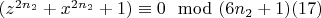 $(z^{2n_2}+ x^{2n_2} + 1)\equiv 0\mod (6n_2 +1) \engo(17)$