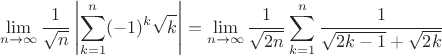 $$\lim_{n\to\infty}\frac{1}{\sqrt{n}}\left|\sum\limits_{k=1}^n (-1)^k\sqrt{k}\right|   
= \lim_{n\to\infty}\frac{1}{\sqrt{2n}}\sum\limits_{k=1}^n \frac{1}{\sqrt{2k-1}+\sqrt{2k}} $$
