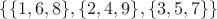 $\{\{1, 6, 8\}, \{2, 4, 9\}, \{3, 5, 7\}\}$
