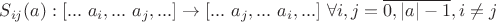 $S_{ij}(a) : [... ~ a_i, ... ~ a_j, ...] \rightarrow [... ~ a_j, ... ~ a_i, ...] ~ \forall i, j = \overline{0, |a|-1}, i \neq j$