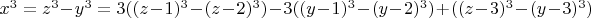 $x^3=z^3-y^3=3((z-1)^3-(z-2)^3)-3((y-1)^3-(y-2)^3)+((z-3)^3-(y-3)^3)$