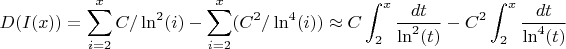 $$D(I(x))=\sum_{i = 2}^{x}{C/\ln^2(i)}-\sum_{i = 2}^{x}(C^2/\ln^4(i)) \approx C\int_{2}^{x} \frac{dt}{\ln^2(t)} -C^2\int_{2}^{x} \frac{dt}{\ln^4(t)}$ $