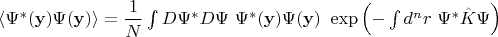 $\langle \Psi ^{*} (\mathbf{y} )\Psi (\mathbf{y} )\rangle =\dfrac{1}{N}\int D\Psi ^{*} D\Psi \ \Psi ^{*} (\mathbf{y} )\Psi (\mathbf{y} )\ \exp\left( -\int d^{n} r\ \Psi ^{*}\hat{K} \Psi \right)$