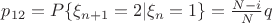 $p_{12}=P\{\xi_{n+1}=2|\xi_{n}=1\}=\frac{N-i}{N}q$