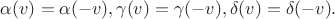 $\alpha(v)=\alpha(-v),\gamma(v)=\gamma(-v),\delta(v)=\delta(-v).$