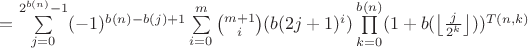 $=\sum\limits_{j=0}^{2^{b(n)}-1}(-1)^{b(n)-b(j)+1}\sum\limits_{i=0}^{m}\binom{m+1}{i}(b(2j+1)^i)\prod\limits_{k=0}^{b(n)}(1+b(\left\lfloor\frac{j}{2^k}\right\rfloor))^{T(n,k)}$