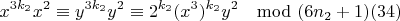 $$x^{3k_2}x^2\equiv y^{3k_2}y^2\equiv 2^{k_2}(x^3)^{k_2}y^2\mod (6n_2 + 1) \engo(34)$$