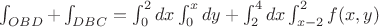 $\int_{OBD}+\int_{DBC}=\int_0^2dx\int_0^xdy+\int_{2}^{4}dx\int _{x-2}^2f(x,y)$